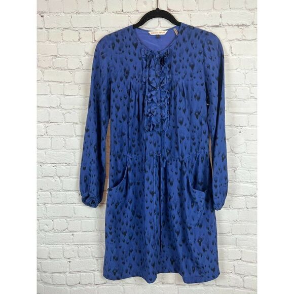 REBECCA TAYLOR blue silk long sleeve pockets belted front frill dress tunic 0 - Picture 1 of 10